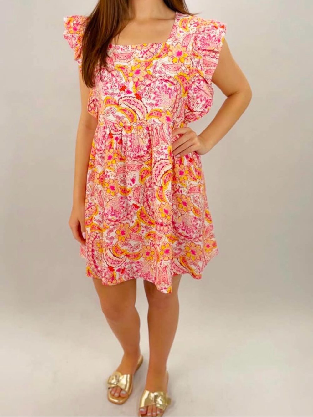 JODIFL Pink Yellow Paisley Mini Dress with Flutter Sleeves